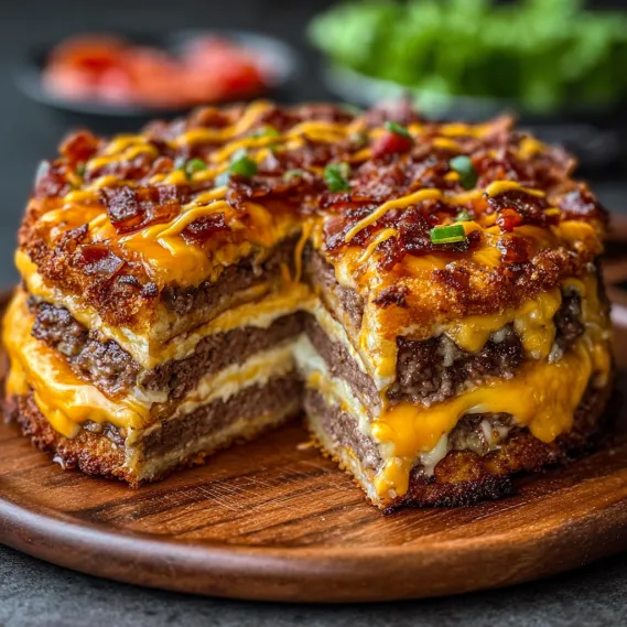 A slice of bacon cheeseburger cake.