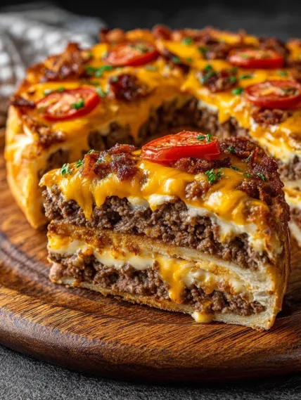 A slice of cake with tomatoes on top.