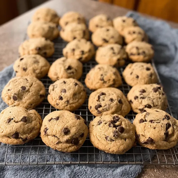 A tray of chocolate chip cookies.