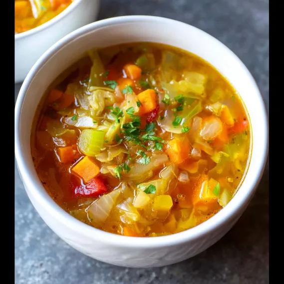 A bowl of soup with carrots and onions.