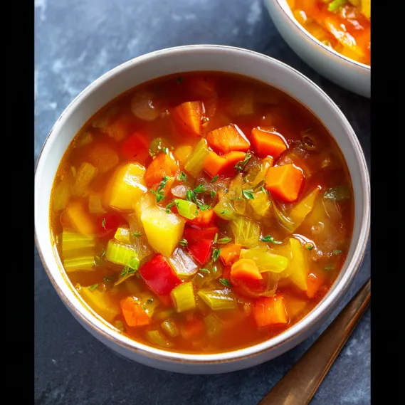 A bowl of soup with carrots and parsley.