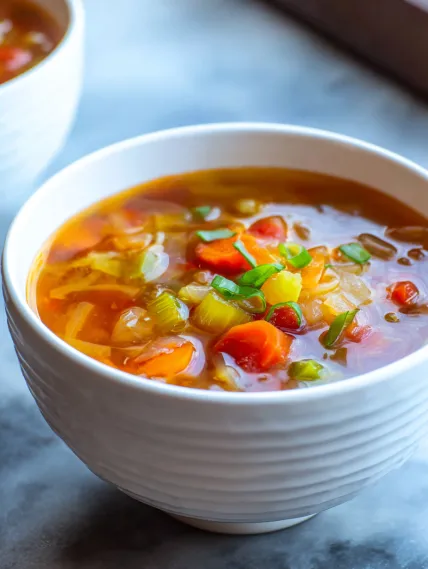 A bowl of soup with vegetables.