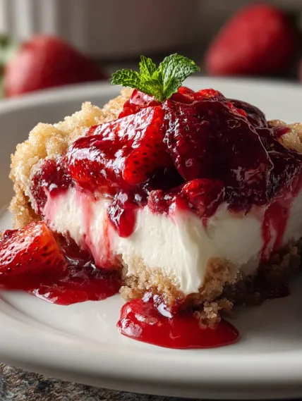 A slice of cake with strawberries on top.