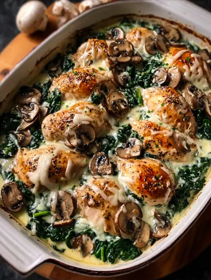 A dish of chicken and mushrooms.