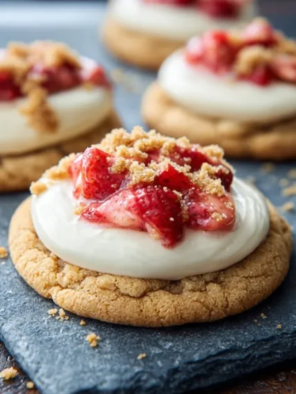 A cookie with white frosting and strawberries on top.
