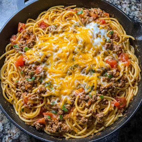 A bowl of spaghetti with meat and cheese.