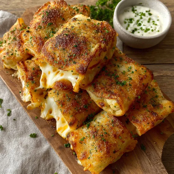 A stack of cheese sticks on a wooden cutting board.