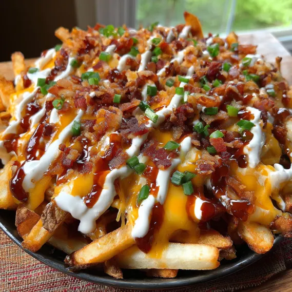 A plate of bacon and cheese covered fries.