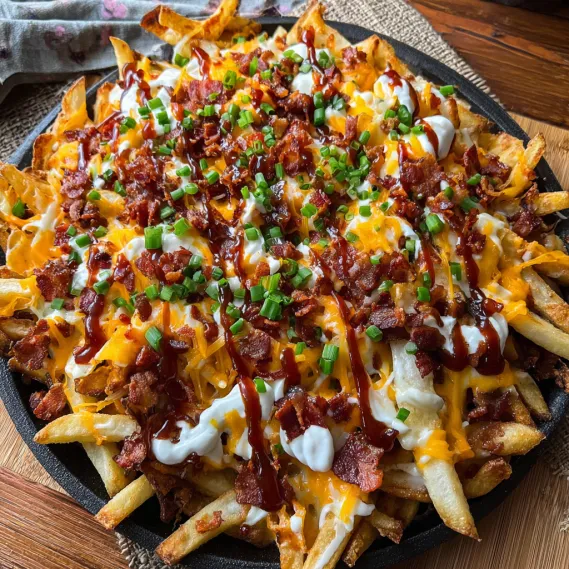 A plate of bacon and cheese covered fries.