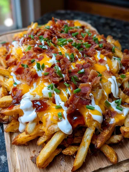 A plate of bacon and cheese covered fries.