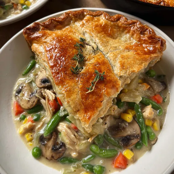 A white plate with a pie and mushrooms.