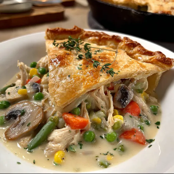A plate of food with a pie and vegetables.