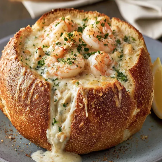 A bowl of shrimp and cheese.
