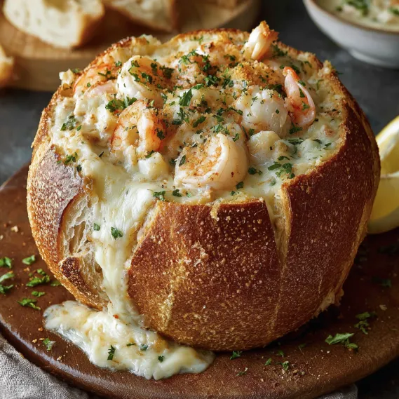 A bowl of shrimp and cheese.
