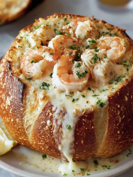 A baked bread with shrimp and cheese.