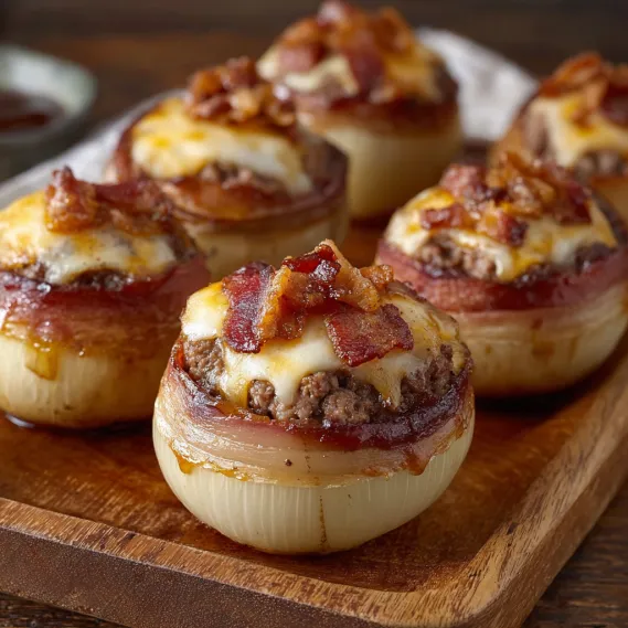 Bacon wrapped onion rings with cheese.