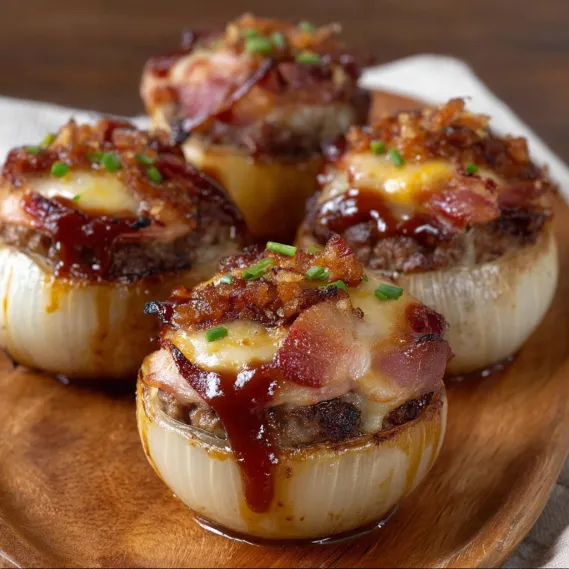 Bacon wrapped onion rings with cheese.