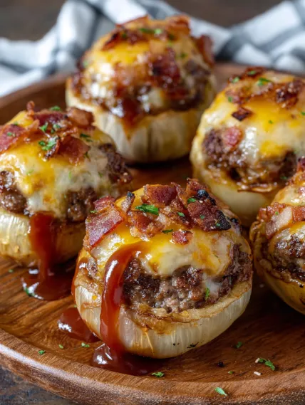 Bacon wrapped meatballs on a wooden platter.