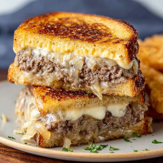 A sandwich with meat and cheese on a plate.