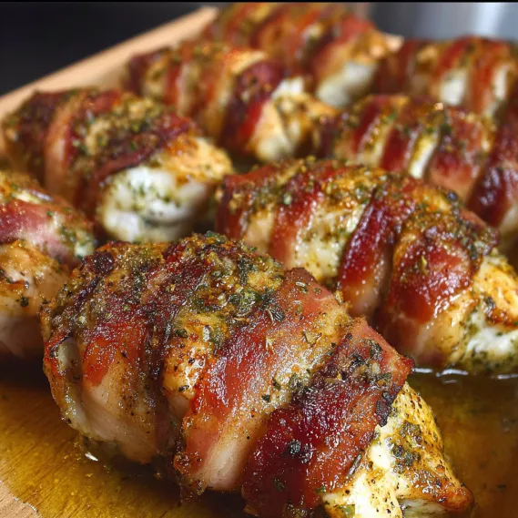 Sliced meat on a wooden board.