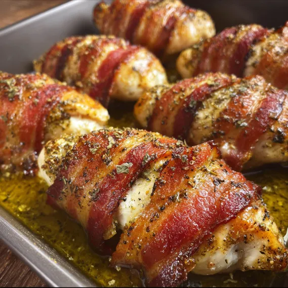 Bacon wrapped chicken with cheese and herbs.