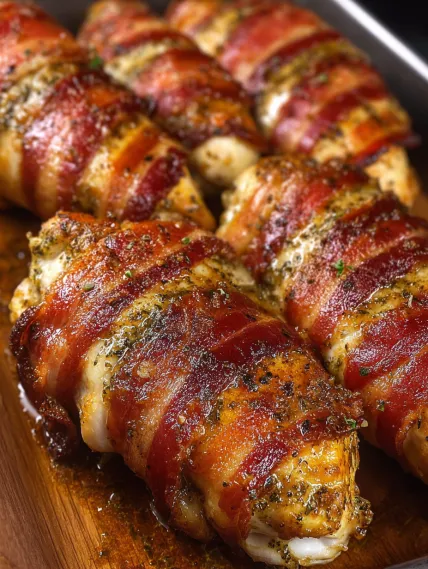 Sliced meat on a wooden board.