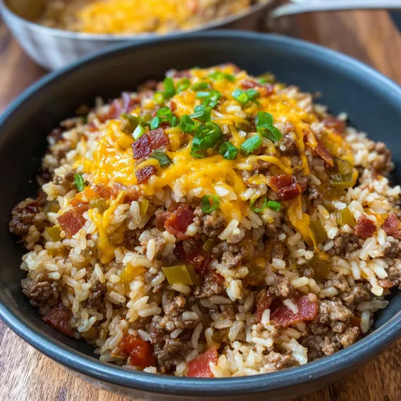 A bowl of rice with meat and vegetables.