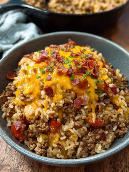 A bowl of rice with bacon and cheese.