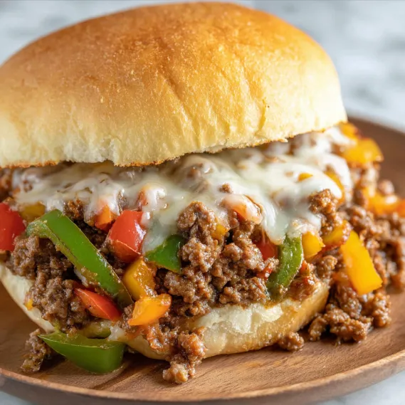 A sandwich with meat and peppers on a wooden board.