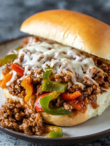 A sandwich with meat and peppers on a bun.