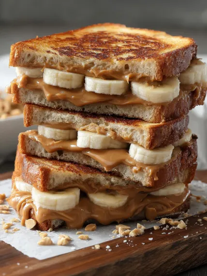 A stack of banana sandwiches with peanut butter.