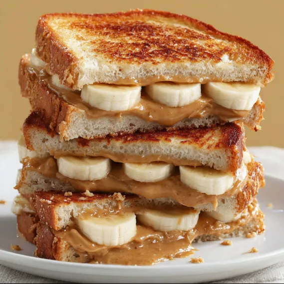 A stack of sandwiches with bananas and peanut butter.