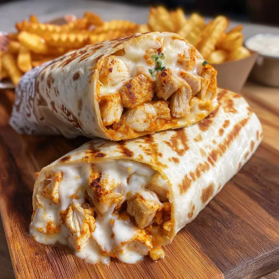 A sandwich with chicken and cheese on a wooden table.