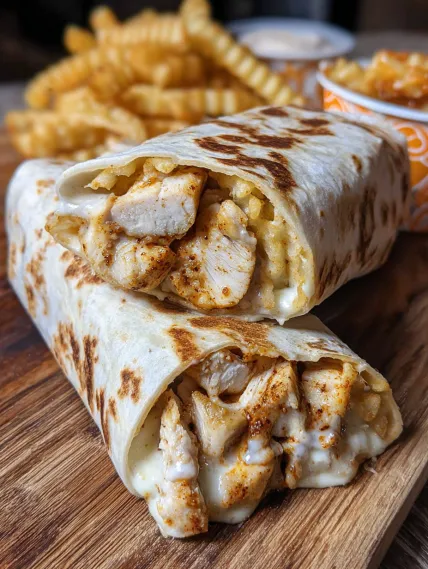 A chicken burrito with cheese and fries.