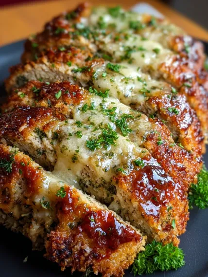 A piece of meat with cheese and herbs on it.