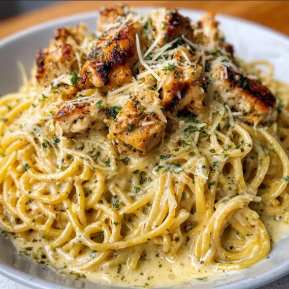 A plate of pasta with chicken and cheese.