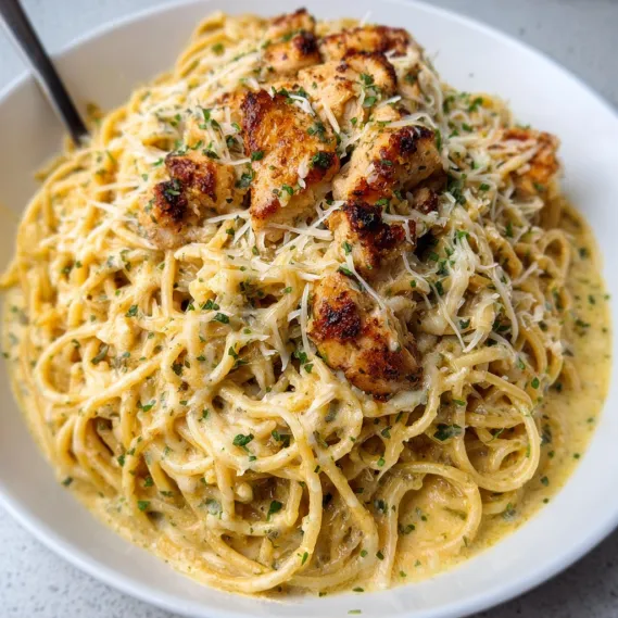 A plate of pasta with chicken and cheese.