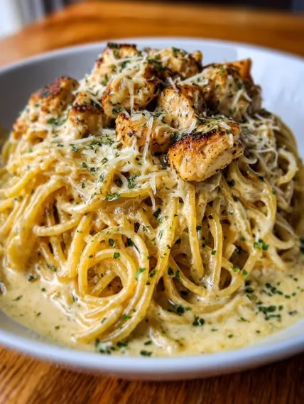 A plate of pasta with chicken and cheese.