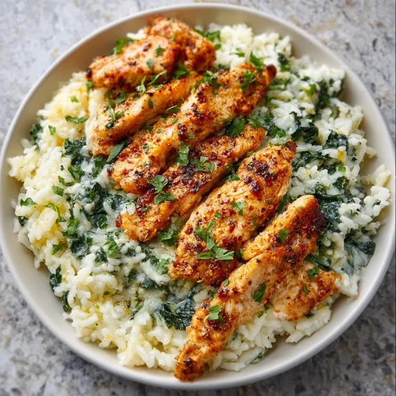 A bowl of rice with chicken and vegetables.