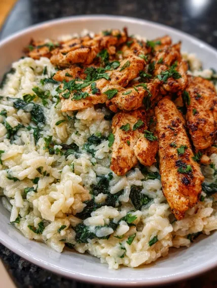 A bowl of rice and chicken.