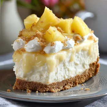 A slice of cheesecake with pineapple topping.