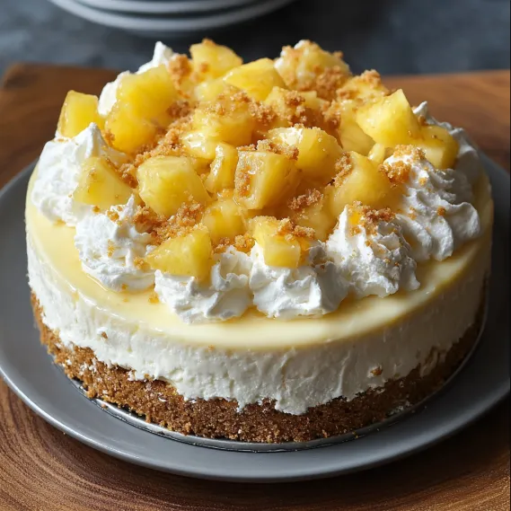 A slice of cake with white frosting and pineapple on top.