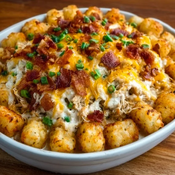 A bowl of food with bacon and cheese.