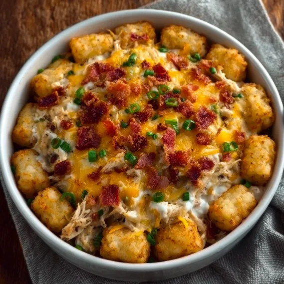 A bowl of food with bacon and cheese.