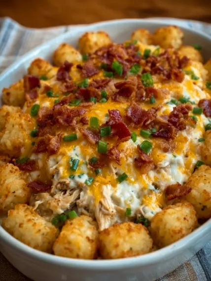 A bowl of food with bacon and cheese.