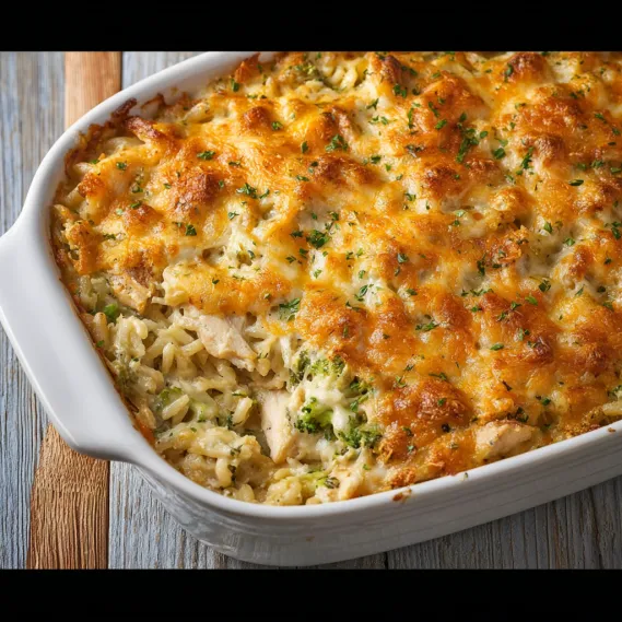 A casserole dish filled with chicken, broccoli, and cheese.