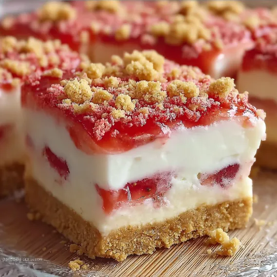 A slice of cake with strawberries and powdered sugar.