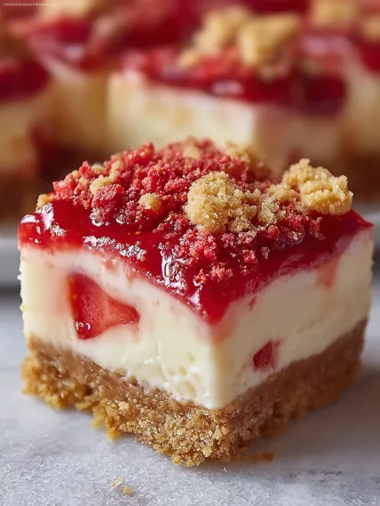 A slice of cheesecake with strawberry sauce.