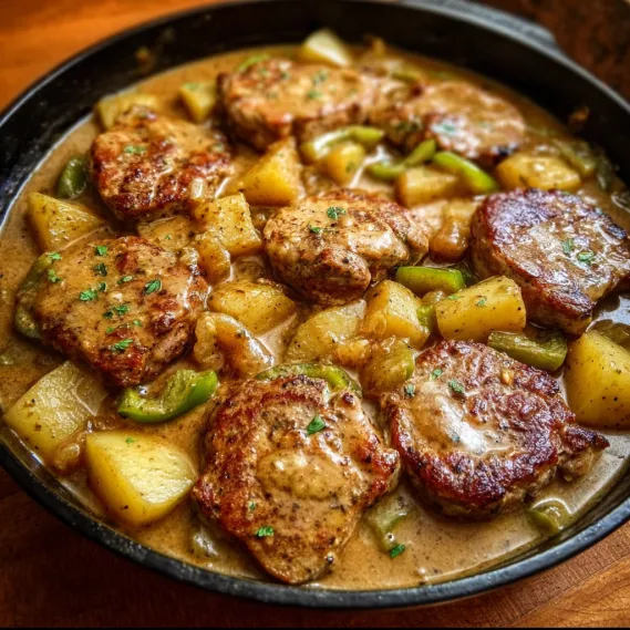 A pan of meat and potatoes.