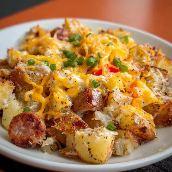 A plate of food with cheese and potatoes.